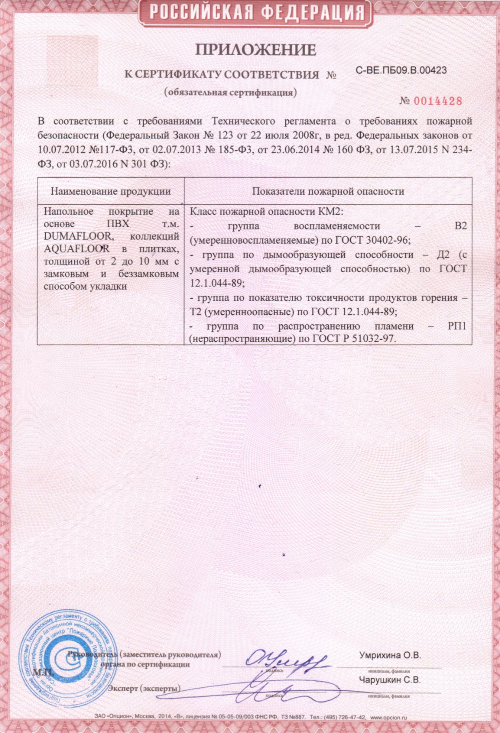 Сертификат пожарной безопасности Aquafloor 2